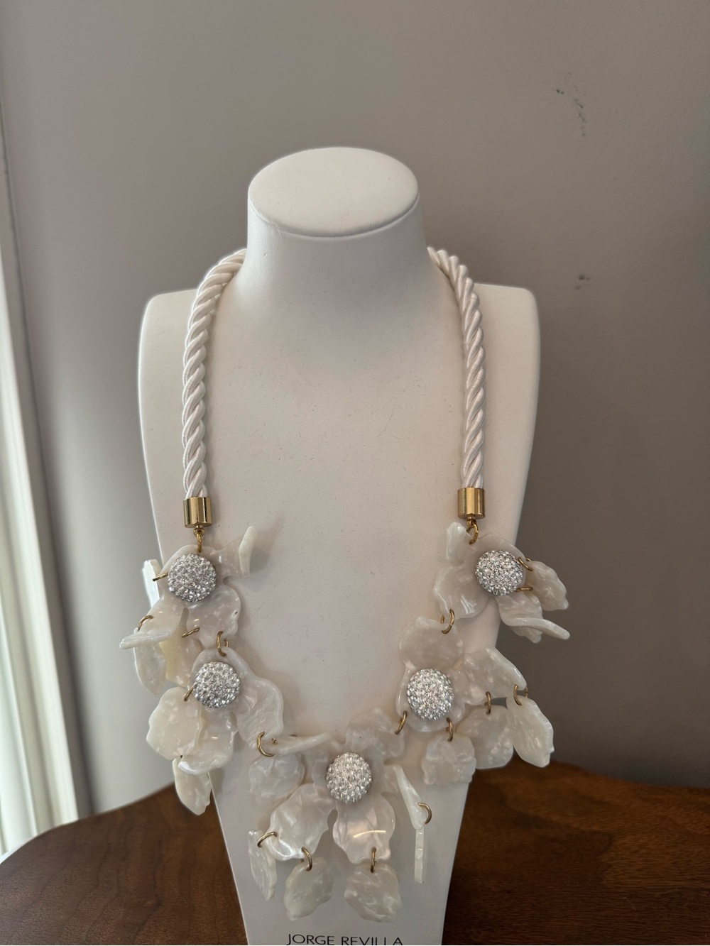 Lele Sadoughi White Floral Rope Necklace with Crystal Buttons